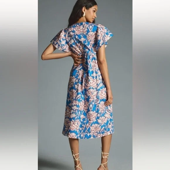 🍁SALE🍁MAEVE Anthropologie Printed Flutter-Sleeve Babydoll Floral Midi Dress XS - Picture 2 of 7